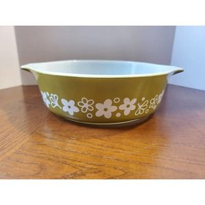 Vintage Pyrex Spring Blossom Crazy Daisy 1 Pint Small Casserole Dish Olive Green
